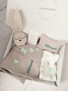 Personalizowany zestaw prezentowy - króliczek mini muślin jasny beż 3.0